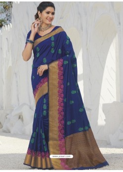 Dark Blue Latest Designer Party Wear Raw Silk Sari