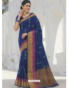 Dark Blue Latest Designer Party Wear Raw Silk Sari