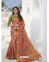 Peach Latest Designer Party Wear Raw Silk Sari