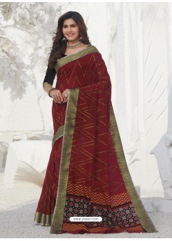 Maroon Latest Designer Party Wear Raw Silk Sari