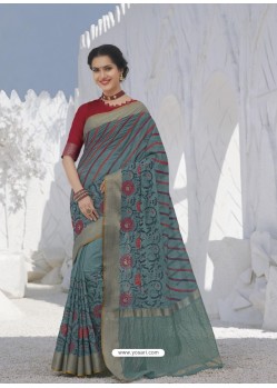 Grey Latest Designer Party Wear Raw Silk Sari