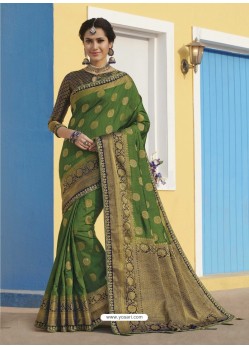 Forest Green Latest Designer Traditional Wear Raw Silk Sari