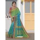 Turquoise Latest Designer Traditional Wear Raw Silk Sari