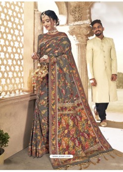 Grey Latest Designer Traditional Wear Silk Sari