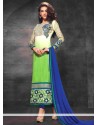 Captivating Off White And Green Georgette Churidar Suit