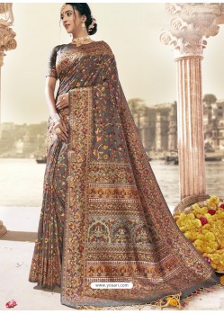 Grey Latest Designer Traditional Wear Silk Sari