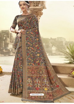 Grey Latest Designer Traditional Wear Silk Sari