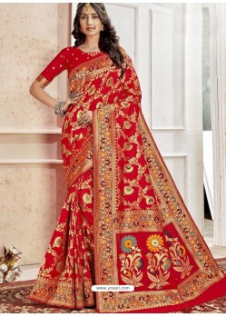 Red Latest Designer Traditional Wear Banarasi Silk Sari