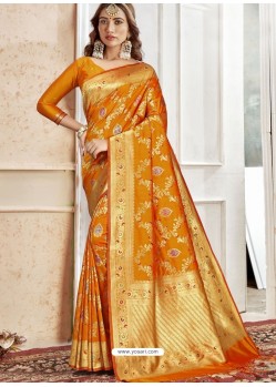 Orange Latest Designer Traditional Wear Banarasi Silk Sari