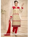 Competent Beige And Red Embroidered Work Chanderi Churidar Designer Suit