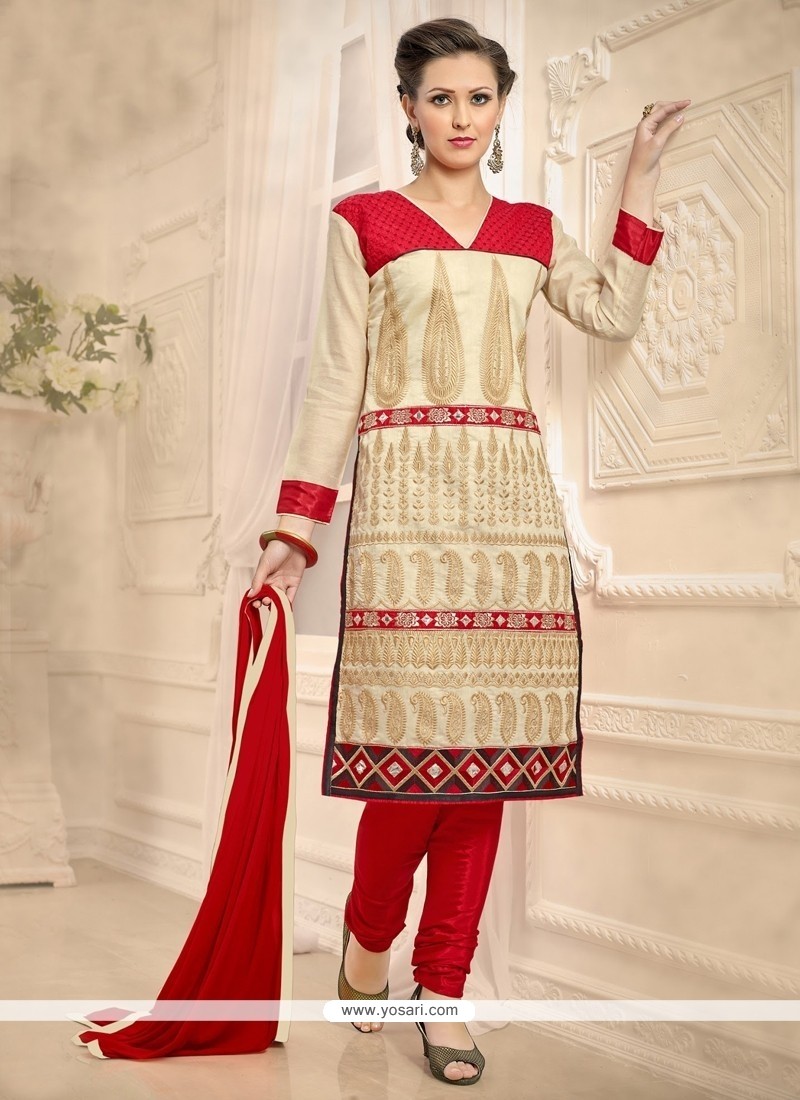 Competent Beige And Red Embroidered Work Chanderi Churidar Designer Suit