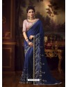 Navy Blue Latest Designer Party Wear Vichitra Silk Sari