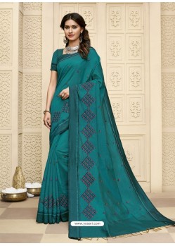 Teal Blue Latest Designer Party Wear Raw Silk Sari