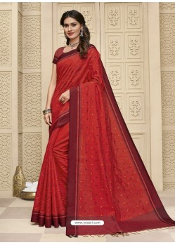 Red Latest Designer Party Wear Raw Silk Sari