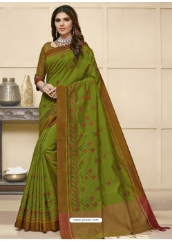 Parrot Green Latest Designer Party Wear Raw Silk Sari