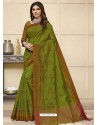 Parrot Green Latest Designer Party Wear Raw Silk Sari