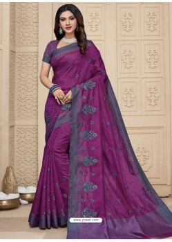 Medium Violet Latest Designer Party Wear Raw Silk Sari