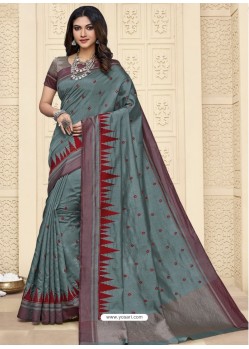 Grey Latest Designer Party Wear Raw Silk Sari