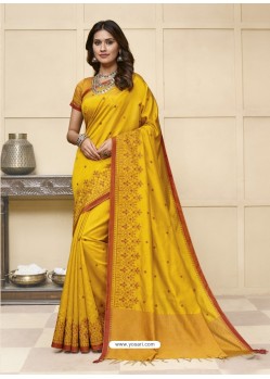 Yellow Latest Designer Party Wear Raw Silk Sari