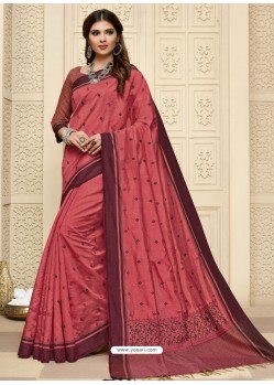 Light Red Latest Designer Party Wear Raw Silk Sari