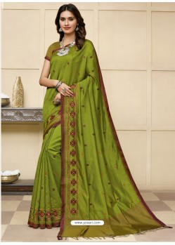 Parrot Green Latest Designer Party Wear Raw Silk Sari