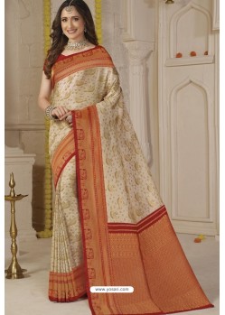 Off White Latest Designer Classic Wear Silk Sari