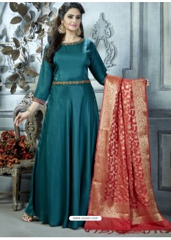 Teal Heavy Designer Embroidered Party Wear Gown Style Readymade Anarkali Suit