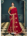 Red Embroidered Designer Traditional Wear Silk Sari
