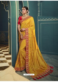 Yellow Embroidered Designer Traditional Wear Silk Sari