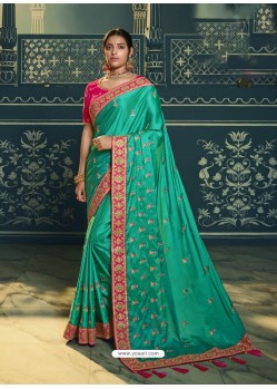 Aqua Mint Embroidered Designer Traditional Wear Silk Sari