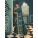 Teal Blue Embroidered Designer Traditional Wear Silk Sari