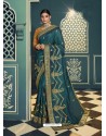 Teal Blue Embroidered Designer Traditional Wear Silk Sari