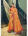 Light Orange Embroidered Designer Traditional Wear Silk Sari