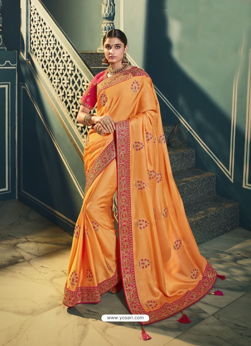 Buy Orange Colour Kanchipuram Silk Saree Bollywood Style Saree Party Wear Saree  Wedding Wear Saree Stunning Look Saree Banarasi Look Saree Online in India  - Etsy