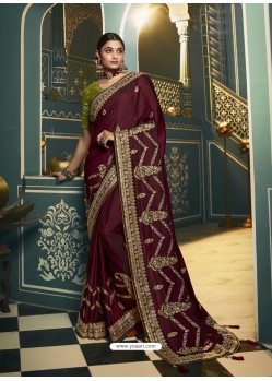 Maroon Embroidered Designer Traditional Wear Silk Sari