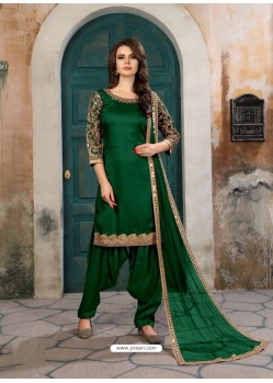Dark Green Designer Party Wear Art Silk Punjabi Patiala Suit