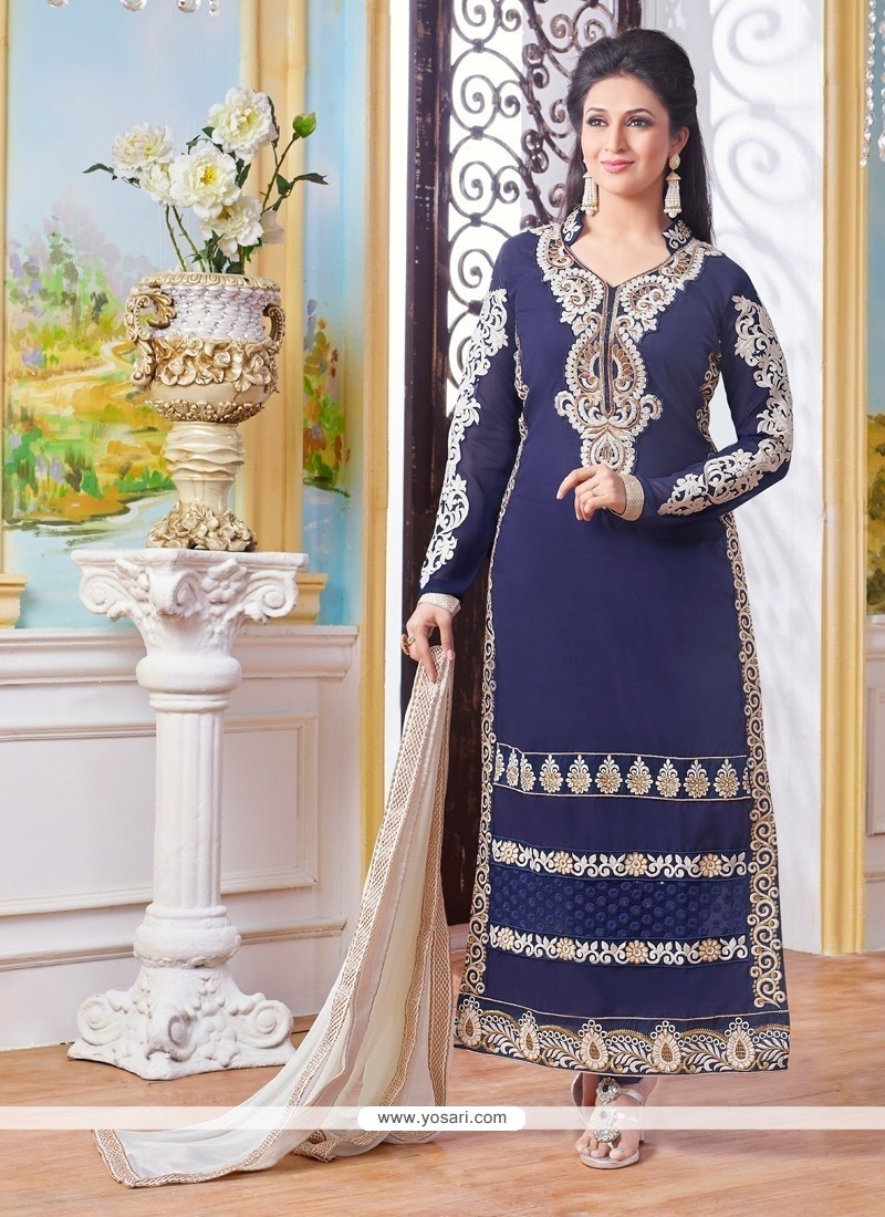 Fantastic Resham Work Cotton Navy Blue Designer Straight Suit