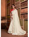 Off White Groovy Embroidered Designer Party Wear Sari