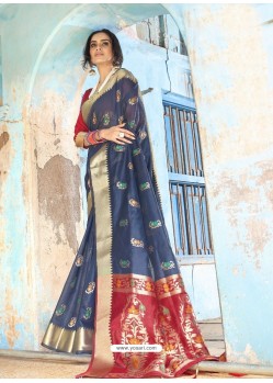 Dark Blue Latest Designer Traditional Wear Silk Handloom Sari