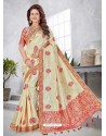 Cream Latest Designer Traditional Party Wear Banarasi Silk Wedding Sari