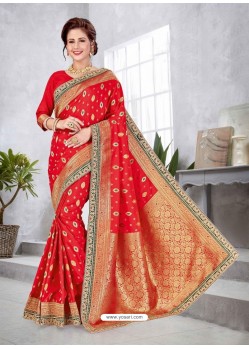 Flawless Red Latest Designer Traditional Party Wear Banarasi Silk Wedding Sari