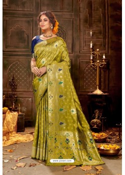 Green Embroidered Designer Party Wear Banarasi Silk Sari