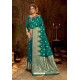 Teal Embroidered Designer Party Wear Banarasi Silk Sari