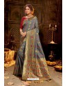 Grey Embroidered Designer Party Wear Banarasi Silk Sari