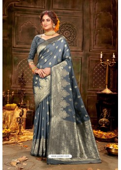 Grey Embroidered Designer Party Wear Banarasi Silk Sari