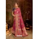 Rose Red Embroidered Designer Party Wear Banarasi Silk Sari