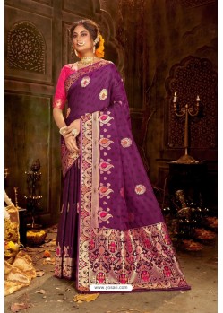 Purple Embroidered Designer Party Wear Banarasi Silk Sari