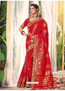 Red Heavy Embroidered Designer Wedding Wear Dola Silk Sari