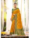 Mustard Heavy Embroidered Designer Wedding Wear Dola Silk Sari