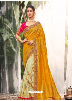 Mustard Heavy Embroidered Designer Wedding Wear Dola Silk Sari
